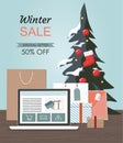 Winter sale Illustration with Christmas tree, gift boxes and laptop.