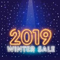 Winter sale inscription with snowflakes in neon style against snowfall, vector. Glowing neon sign, bright glowing advertising, sal Royalty Free Stock Photo