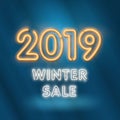 Winter sale inscription with snowflakes in neon style against snowfall, vector. Glowing neon sign, bright glowing advertising, sal Royalty Free Stock Photo