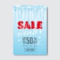 Winter sale lettering design frozen icicles season shopping template special discount offer concept vertical poster flat