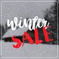 Winter sale lettering design season shopping template special discount poster over blur village snowy house fir tree Royalty Free Stock Photo