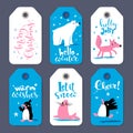 Winter sale Merry Christmas tags with cute penguins and animals Royalty Free Stock Photo