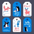 Winter sale Merry Christmas tags with cute penguins and animals Royalty Free Stock Photo