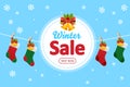 Winter sale online shopping web banner and Red Santa`s boots. Sale banner with white snowflakes on blue background Royalty Free Stock Photo