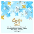 Winter sale poster with abstract blue and golden crosses.