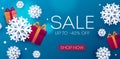 Winter Sale poster with realistic 3d snowflakes and gift boxes on blue backdrop, digital banner with shop now button