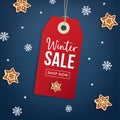 Winter sale poster template. Hanging red gift tag, label with gingerbread cookie and falling snowflakes. Modern vector Royalty Free Stock Photo