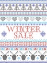 Winter Sale Scandinavian style illustration, inspired by Norwegian Christmas, festive winter pattern stitched in grey, blue