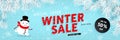 Winter sale, seasonal horizontal banner with snowman, snowfall, snow, vector Royalty Free Stock Photo