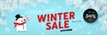 Winter sale, seasonal horizontal banner with snowman, snowfall, snow, vector Royalty Free Stock Photo