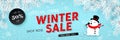 Winter sale, seasonal horizontal banner with snowman, snowfall, snow, vector Royalty Free Stock Photo