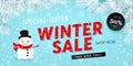 Winter sale, seasonal horizontal banner with snowman, snowfall, snow, vector Royalty Free Stock Photo