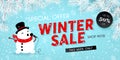 Winter sale, seasonal horizontal banner with snowman, snowfall, snow, vector Royalty Free Stock Photo