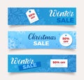 Winter sale banners set. Christmas discounts. Festive blue background