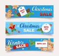 Winter Christmas sale banners set. Festive blue background with gingerbread man Royalty Free Stock Photo