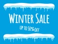 Winter Sale sign text in melting snow and icicles border frame isolated on blue background, vector eps 10 illustration. Design for Royalty Free Stock Photo