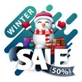 Winter sale, up to 50% off, discount pop up for website in lava lamp style with Large letters, blue ribbon and snowman.