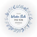 Winter sale vector banner design. Winter sale discount text with new years tree, snowflakes, cones. Royalty Free Stock Photo