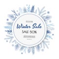 Winter sale vector banner design. Winter sale discount text with new years tree, snowflakes, cones. Royalty Free Stock Photo