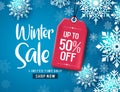 Winter sale vector banner design. Winter sale discount text with white snowflakes. Royalty Free Stock Photo