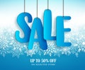 Winter sale vector banner design with hanging sale text in white winter snowflakes Royalty Free Stock Photo