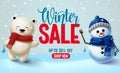 Winter sale vector banner design. Winter sale text with 3d snowman and polar bear characters Royalty Free Stock Photo