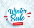 Winter sale vector banner design with white circle and blue sale typography text Royalty Free Stock Photo