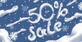 Winter sale vector banner design. Winter sale discount text with white snowflakes and snow element in blue background Royalty Free Stock Photo