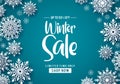 Winter sale vector banner design. Winter sale text promo with white snowflakes element. Royalty Free Stock Photo