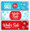 Winter sale vector banner set with discount text and snow elements in blue and red snowflakes Royalty Free Stock Photo