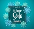 Winter sale vector banner template with sale text in frame for shopping promotion and snowflakes.