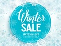 Winter sale vector banner template with white snowflakes background Royalty Free Stock Photo