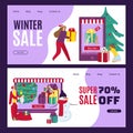 Winter sale, vector illustration. Happy people character at cartoon christmas template banner concept. Holiday gift at Royalty Free Stock Photo