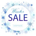 Winter sale vector illustration poster design with blue snowflakes elements and winter sale text in snow pattern Royalty Free Stock Photo