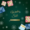 Winter sale vector poster or banner set with discount text and snow elements in blue and gold snowflakes background for shopping Royalty Free Stock Photo