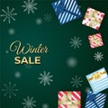 Winter sale vector poster or banner set with discount text and snow elements in blue and gold snowflakes background for shopping Royalty Free Stock Photo