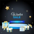 Winter sale vector poster or banner set with discount text and snow elements in blue and gold snowflakes background for shopping Royalty Free Stock Photo