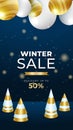 Winter sale vector poster or banner set with discount text and snow elements in blue and gold snowflakes background for shopping Royalty Free Stock Photo