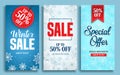Winter sale vector poster design set with sale text and snow elements in colorful winter background Royalty Free Stock Photo