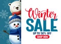 Winter sale vector template banner. Winter sale typography in white empty space for text with 3d snowman