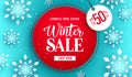 Winter sale vector template design. Winter sale limited time offer text up to 50% off discount in circle discount tag element. Royalty Free Stock Photo