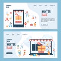 Winter sale webpage vector people buying gifts on Christmas. Illustration web page landing set with woman and man