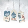 Winter sales labels on a snowy background