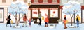 Winter sales, people walking with shopping bags on city street with snow trees and stores