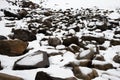 Winter scene. Background with snowed stones close to a frozen river. Canada. Royalty Free Stock Photo