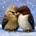 Winter scene - Birds cuddling in cold winter