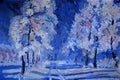 Winter Scene With Blue Snow And Trees, Gouache Painting