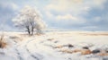 Snowy Road: A Serene And Expressive Landscape Painting Royalty Free Stock Photo