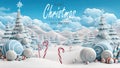 Winter scene of a candy canes fantasy world. Merry Christmas and new year greeting card. Christmas text Calligraphic