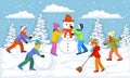 Winter Scene with children playing outside snow ball, making snowmen, having fun